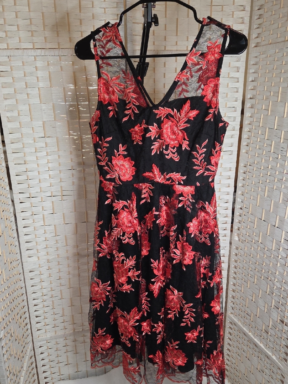 Ark & Co Black Midi Dress with Coral Floral Embroidery